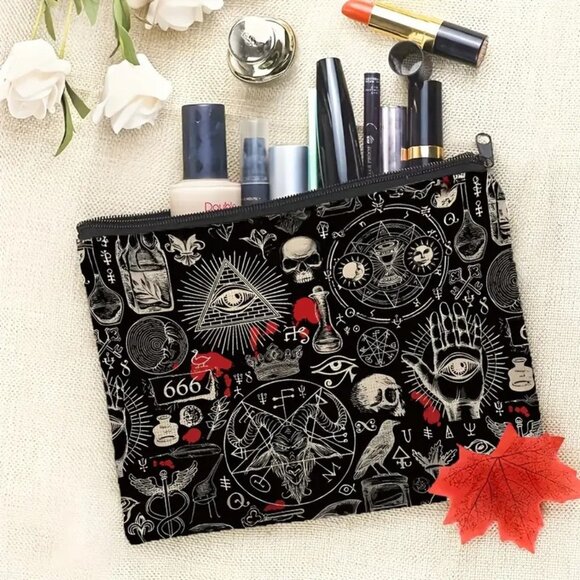 Halloween Gothic Skulls and Potion Bottles Makeup Bag - Double-Sided Printed - Picture 1 of 2